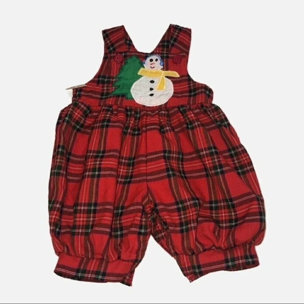 Baby Christmas Overalls Snowman Red Plaid